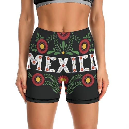 Floral Mexican Embroidery Birds High Waist Yoga Shorts for Women Athletic Shorts Leggings Running Pants Black