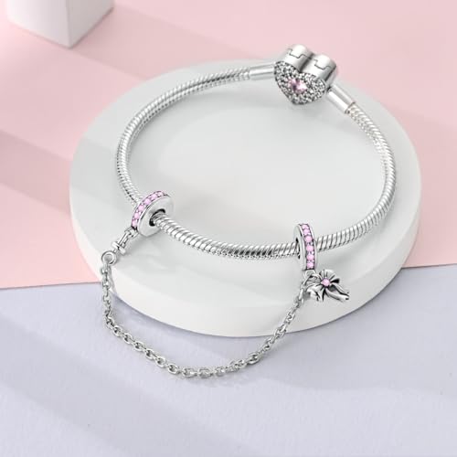 Hapour 925 Sterling Silver Safety Chain Charm Dangle Pendants Clip Beads for Bracelet Bow Knot Love Butterfly Sunflower Stopper Spacer Charm for Women2