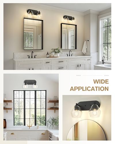 Image of Emak Black Bathroom Light Fixtures Over Mirror, 2-Light Vanity Light with Clear Glass Shade, Modern Farmhouse Vanity Lights for Bathroom, VL129-BK-CG-2