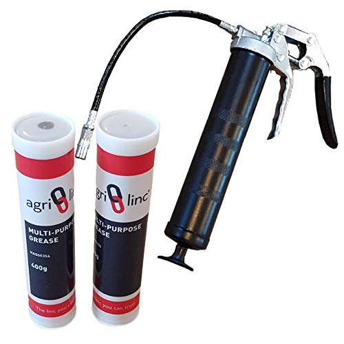 Pistol Grip Grease Gun With 2 Grease Cartridges Bundle Offer, Professional Pistol Grease Gun with Flexible Hose and Coupler, EP2 Lithium-based Grease, 2 qty 400g/14oz Cartridges, by Agri-Linc