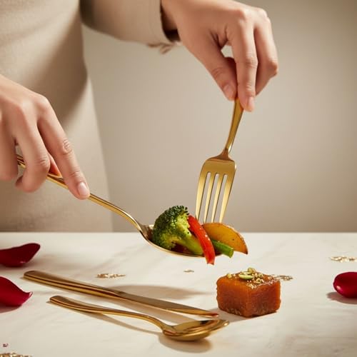 Image of 12-Pcs. Gold Cutlery Set - Luxury Stainless Steel Flatware Service for 6 with 6 Dinner Spoons & 6 Dinner Forks - Titanium PVD Coated Mirror Finish - Dishwasher Safe Golden Silverware