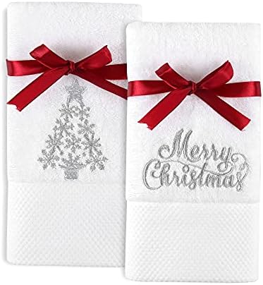 2 Pack Christmas Hand Towels 100% Cotton Embroidered Premium Luxury Decor Bathroom Decorative Dish Towels Set for Drying, Cleaning, Cooking, Holiday Towels Gift Set 13.7'' x 29.5''