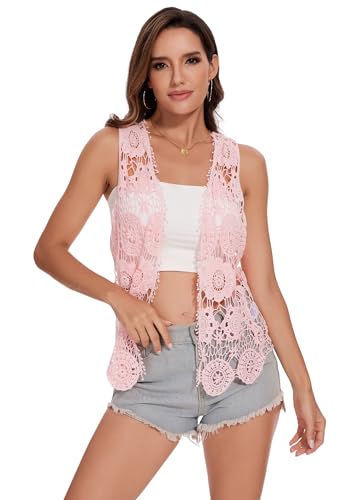 Image of Anna-Kaci Lace Front Open Sleeveless Top Cardigan Crochet Vest Cover up Summer Beachwear