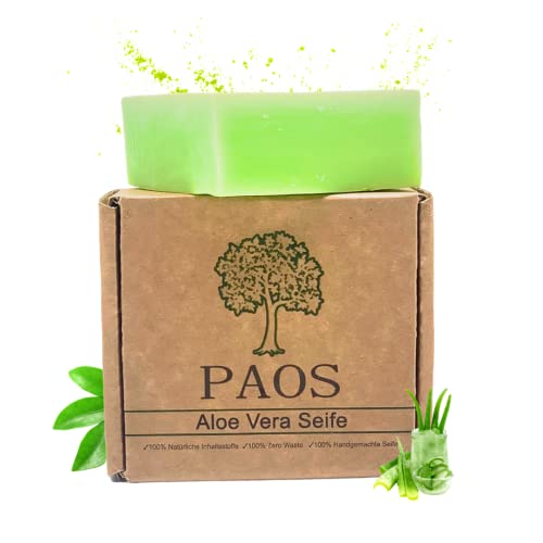PAOS Aloe Vera Seife, ca. 150g, Naturseife, Haarseife, Pflegeseife, Rasierseife, anwendbar bei Falten und unreiner Haut, Keine chemischen Zusätze, Vegan, für alle Haar- und Hauttypen