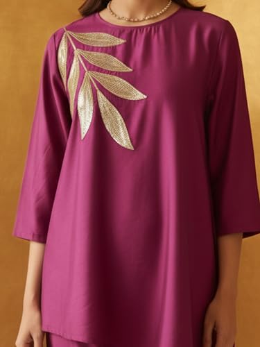 Image of Women's Magenta Chanderi Sequin Embroidered Co-ord Set | Round Neck 3 /4 Sleeve Asymmetric Top with Trousers | Festive Co-ord for Party, Wedding
