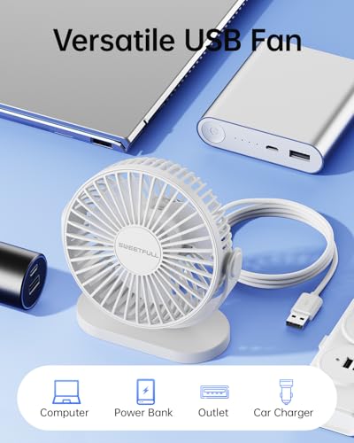 Image of SWEETFULL USB Desk Fan Small Quiet - 3 Speeds Mini Personal Portable Fan 360 Rotation Adjustable, 5.5 Inch Office Table Cooling Gadgets on Desktop (White)