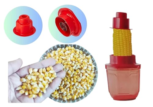 Image of HELIMIX Corn Cutter Corn Cob Stripping Kernels Remover Vegetable Peeler Corn Seeds Remover Planer with Corn Storage Mug Red