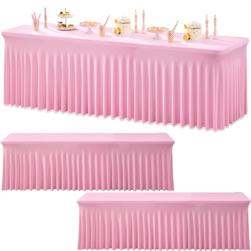 Image of 3pk Baby Pink Spandex Tablecloths for 8 Foot Rectangle Tables, Stretchy Table Cloths 8FT Pink Fitted Table Cover Desk Skirt for Wedding Party Birthday Banquet Baby Shower