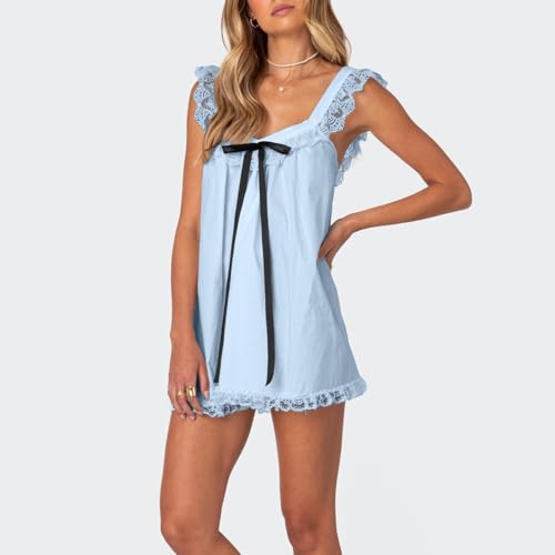 Image of Women Y2K Babydoll Mini Dress Cute Bow Lace Trim Pleated Ruffle Short Sundress Casual Party Vacation One Pieces