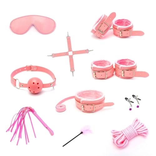 BDSM set mit 10 Stück,SM Bett Sets,Bondage-Set Federpeitsche und Augenmaske, Fesseln Handschellen Fußfesseln Gefieder Nippelklemmen Fetisch Sexspielzeug Fessel-Set (Rosa）