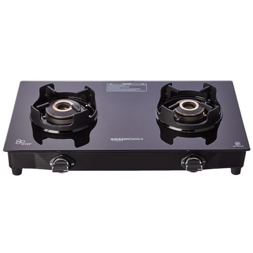 Image of Amazon Basics 2 Burner Glass Top Gas Stove - Auto Ignition, 5G Brass Burners, Crown Pan Supports, ISI Approved, Toughed Glass Top, Anti Skid Legs - Black