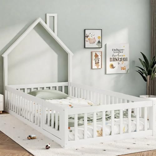 OOIILLEE Lit Cabane Enfants 90x200 lit Montessori avec Barriere, Forme de cheminée, Lit au Sol avec sommier à...