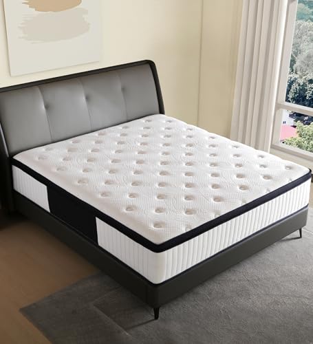 Mattress 10 Inch Full Size Memory Foam and Springs Hybrid Mattress in a Box, Stress Relief and Cooling, Black & White Medium Firm Colchon, Fast Reboud.