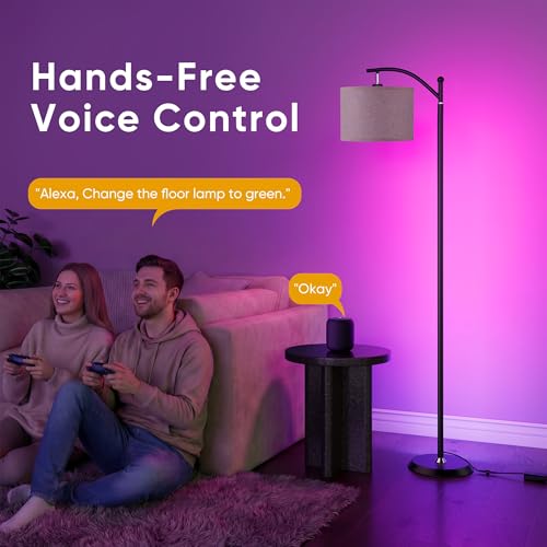 Image of Smart LED RGBCW Corner Lamp with Linen Lampshade Compatible with Alexa, Color Changing Standing Lamp with 16 Million DIY Colors, Music Sync, Tall lamp for Living Bedroom Room,APP /Voice /Remote Control