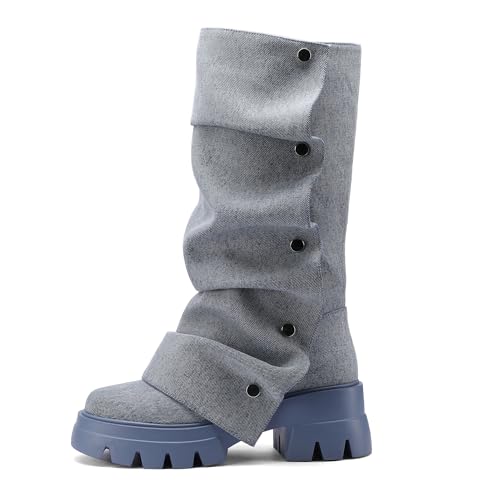 Women's Platform Mid-Calf Boots Fold Over Slouchy Style with Removable Ruched Panel Round Toe 3-In Chunky Heel Boots2