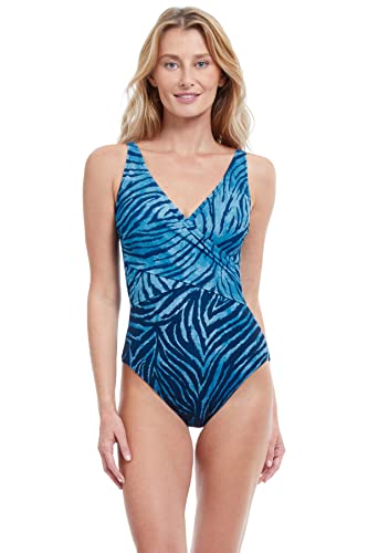 Gottex Women's Standard Wildlife V-Neck Bustier Surplice One Piece, Multi/Blu, 40