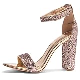 Herstyle Women’s Chunky Block Heels – Open Toe Ankle Strap Sandals, 3.75 Inch High Heels for Wedding, Party & Dressy Occasions – Comfortable Strappy Dress Shoes, RosegoldGlitter, Size 7.0, Rosemmina
