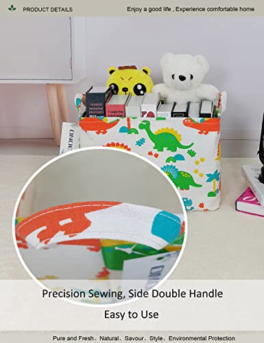 Image of Rectangular Dinosaur Laundry Storage Bin for Adults and Kids | Damp resistant canvas fabric, sturdy stitched carry handles, foldable design organizes closet and playroom daily supplies