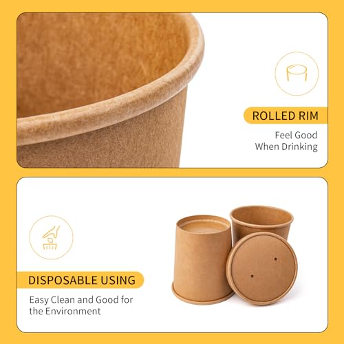 Image of PakTalk [50 Pack Soup Containers with Lids, Disposable To Go Containers Kraft 16oz Paper Soup Bowls with Lid for Hot Drinking, Food, Ice Cream (50sets, 16 oz)