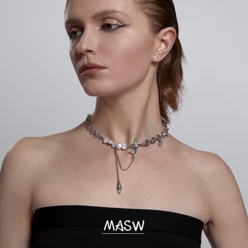 Fashion spliced ​​clavicle chain breeding irregular star pearl necklace women's jewelry silver metal choker personality chunky necklace teardrop shape tassel clavicle chain3