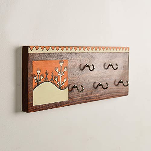 Image of Artysta 'Celebration of Life' Orange and White Wooden Key Holder for Wall Stylish Decorative Keychain Holder Key Hanger for Home Decor (5 Hooks)