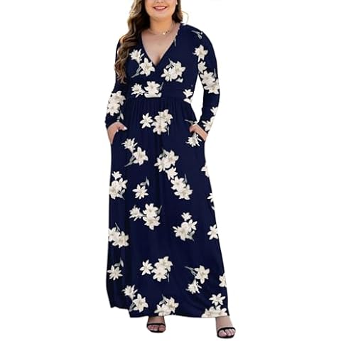 HAOMEILI Women's Long Sleeve Floral Printed Dress Loose Plain Maxi Dresses Casual Long Dresses with Pockets XL Cover