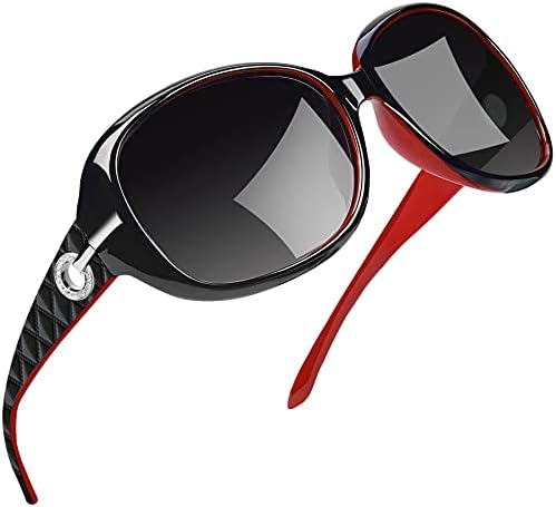 Big Polarized Womens Sunglasses Oversized, Trendy Large Black Red Sunglasses for Women UV Protection, Dark Lens Sun Glasses Woman Sensitive Eyes, Blenders Ladies Rhinestone Sunnies Driving Party