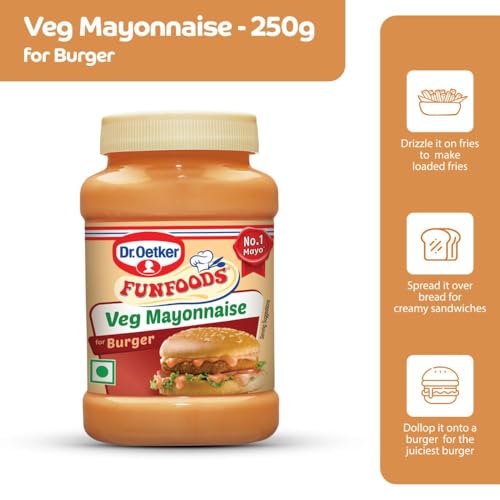 Dr. Oetker FunFoods Veg Burger Mayonnaise, 250g | 38% Juicy Tomatoes | Creamy & Tangy Burger Mayo | 100% Vegetarian | Ideal Spread for Burgers, Sandwiches, Fries & Quick Snacks