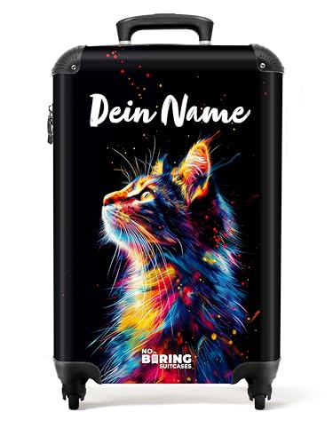 NoBoringSuitcases.com Personalisierter Kinder Koffer Klein, Kindertrolley Mit Rollen, Kindergepäck, Trolley Handgepäck 55x40x20 cm (Seitenansicht Bunte Katze - Schwarz)