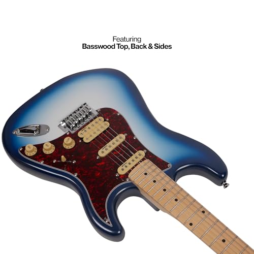 Image of SEST250 HSS Beginner Electric Guitar|Stratocaster Style Guitar with Basswood Body,5-Way Pickup Switch, Beginner Electric Guitar Kit With Padded Gig Bag (Frozen Galactic Blue)