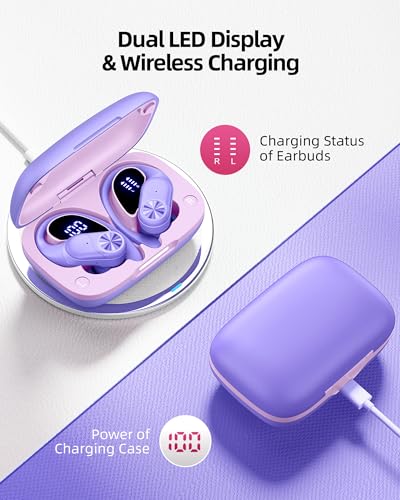 Image of PocBuds Bluetooth Headphones Wireless Earbuds 80hrs Playtime Wireless Charging Case Digital Display Sports Ear buds with Earhook Deep Bass IPX7 Waterproof Over-Ear Earphones for TV Phone Laptop Purple