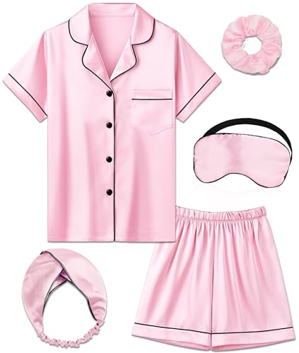MORFORU Satin Kid Short Pajamas Set 5 Piece Child Silk Pjs Button Sleepwear with Eye Mask, Hairhand, Hair Ring