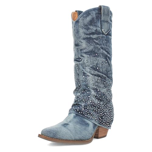 Seborluys Rhinestone Denim Cowboy Boots for Women Sparkly Cowgirl Booties Fold Over Jean Boots for Women Mid-Calf Western Booties