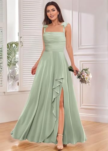 Women’s A Line Chiffon Bridesmaid Dress, Spaghetti Wedding Party Dress Long Formal Evening Gown with Slit3