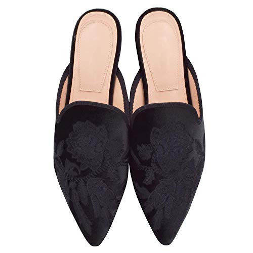 Image of Fericzot Women's Velvet Backless Pointed Toe Slip On Loafers Flats Embroidery Mule Slippers Shoes