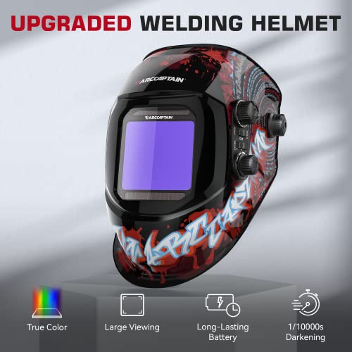 Image of ARCCAPTAIN 3.94 inchX3.66 inch Large Viewing Screen Welding Helmet True Color Auto Darkening Solar Powered 4 Arc Sensor Welding Hood, Wide Shade 4-5 /5-9 /9-13 for ARC TIG MIG Welding Mask(Bloodshed Design)