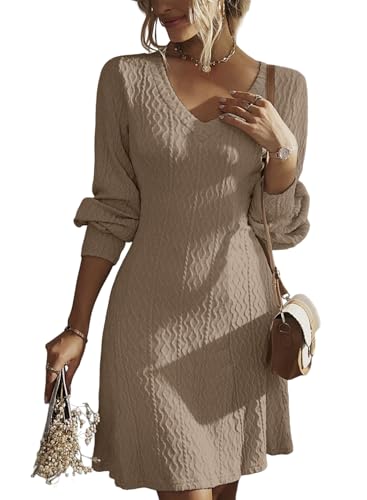 Dokotoo Womens Fall Wedding Guest Dresses for Women Winter Clothing 2025 Business Casual Work Long Sleeve Dress V Neck Knit Ribbed Ladies A Line Sweater Dress Brown Dresses for Women L