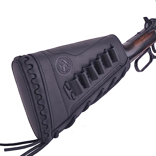 WAYNE'S DOG Handmade Leather Buttstock Cheek Rest with Rifle Ammo Holder for.308, 30-30, .357, 45-70 .22LR 12GA 16GA 20GA (Black(.308 .30-06 .45-70), Righty Shooter)