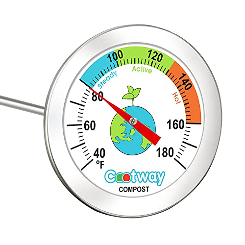 Cootway Compost Thermometer, 20 Inch Stem Backyard Compost Thermometer - 2 Inch Diameter Waterproof Anti-Fog Soil Testing Thermometer with Composting Temperature Guide Zone, 40 to 180 Degrees F