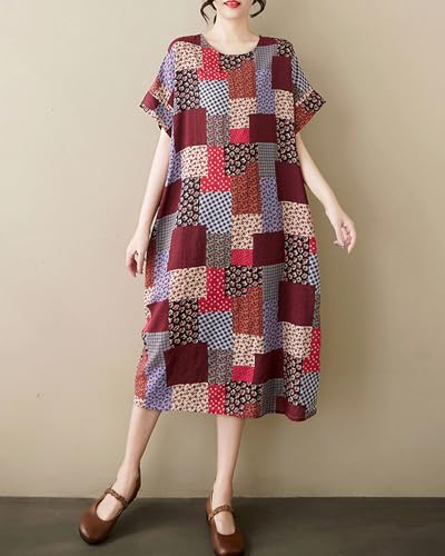 Image of LUZU JUNU Women's Summer Baggy Plus Size Loose Cotton Linen Long Boho Beach Dress with Pockets