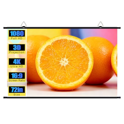 Image of XIAOHUI 72 inch Projector Screen, Portable Projector Screen Indoor Outdoor Movie Screen with 2 pcs Adhesive Hook, 4K Wall Mount Projection Screen for Room, No Drilling, Anti-Light Coating, 16:9 HD
