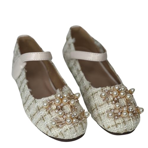 Princess Shoes with Pearls for Girls Mary Janes Plaid Non-Slip Shoes