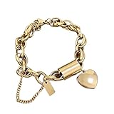 925 Sterling Silver Locking Bracelet With Key For Women, 14K Yellow Gold Thick Chain Bracelets Heart Love Pendant Wrist, Lock Bracelet And Key Necklace Set, Lock And Key Necklace For Couples