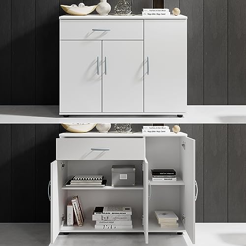 Stella Trading Sideboard in Weiß - Moderne Kommode mit Schublade und viel Stauraum für Wohnzimmer, Esszimmer und Flur - 90 x 70 x 30 cm (B/H/T)