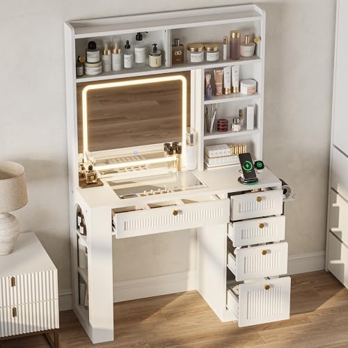 IRONCK Vanity Desk with LED Lighted Mirror 3-Color Dimmable Makeup Vanity with Glass Top & Charging Station & Hair Dryer Holder 4 Drawers & Open Shelves 63 H Vanity for Bedroom White