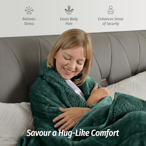 Wemore Sherpa Fleece Weighted Blanket for Adult, 15 lbs Dual Sided Cozy Fluffy Heavy Blanket, Ultra Fuzzy Throw Blanket with Soft Plush Flannel Top, 80 x 87 inches, Green on Both Sides