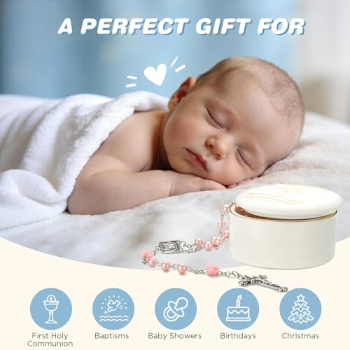 Image of NORBU Baptism Gifts for Girl, My First Rosary with Ceramic Keepsake Box, Rosary for Kids, First Communion & Baby Dedication Gifts for Newborn Baby Boys Catholic Christening Gift