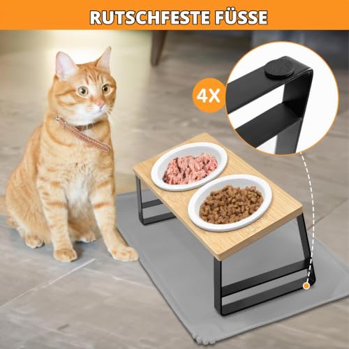 Keramischer Futternapf mit 15° Gekippter Katzenstation, Metallhalter und Silikonunterlage, 350ML Fressnapf und Wassernapf für Katzen und Hunde