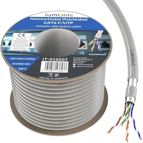 Lumonic LAN Kabel sieciowy 100m | LAN Kabel CAT6 F/UTP | Kabel krosowy 4x 2x AWG26/7 (nitka) | 250MHz 10 Gbit/s Ethernet