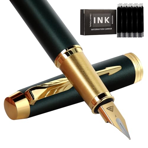 Zalantan Luxury Fountain Pen - Fine Point Smooth Writing Pen with Gift Case, 10 Black Ink Cartridges and Ink Converter (Matte Green)